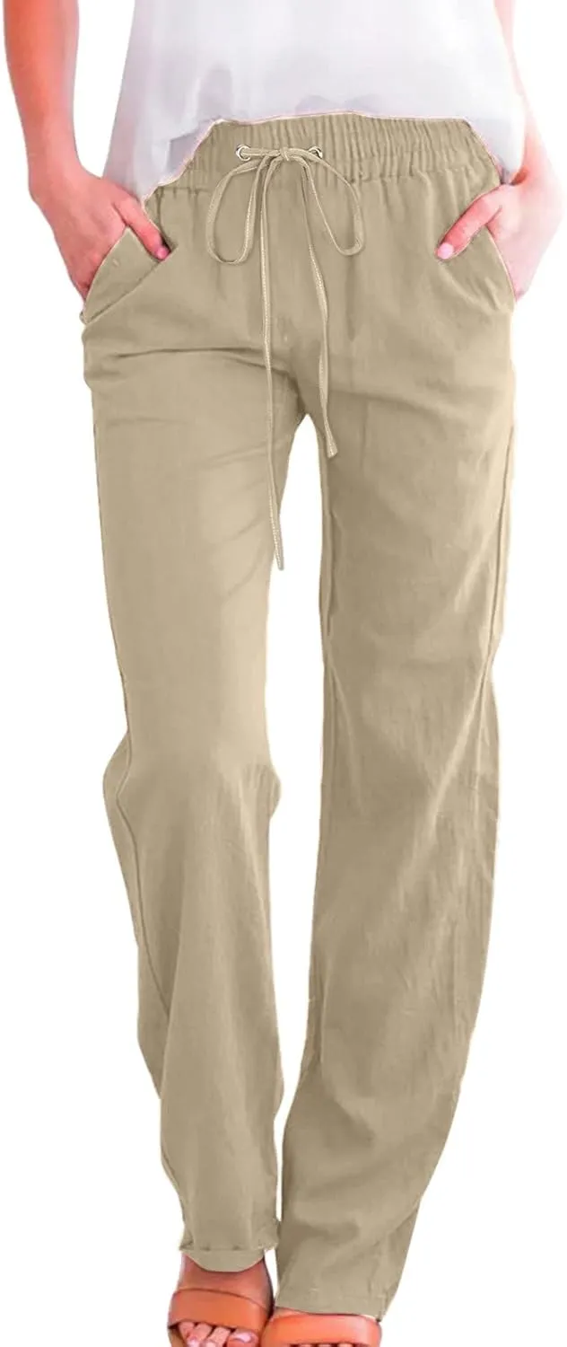 Linen Pants for Women Summer 2024 High Waist Drawstring Loose Fit Straight Leg Lounge Trouser with Side Pockets