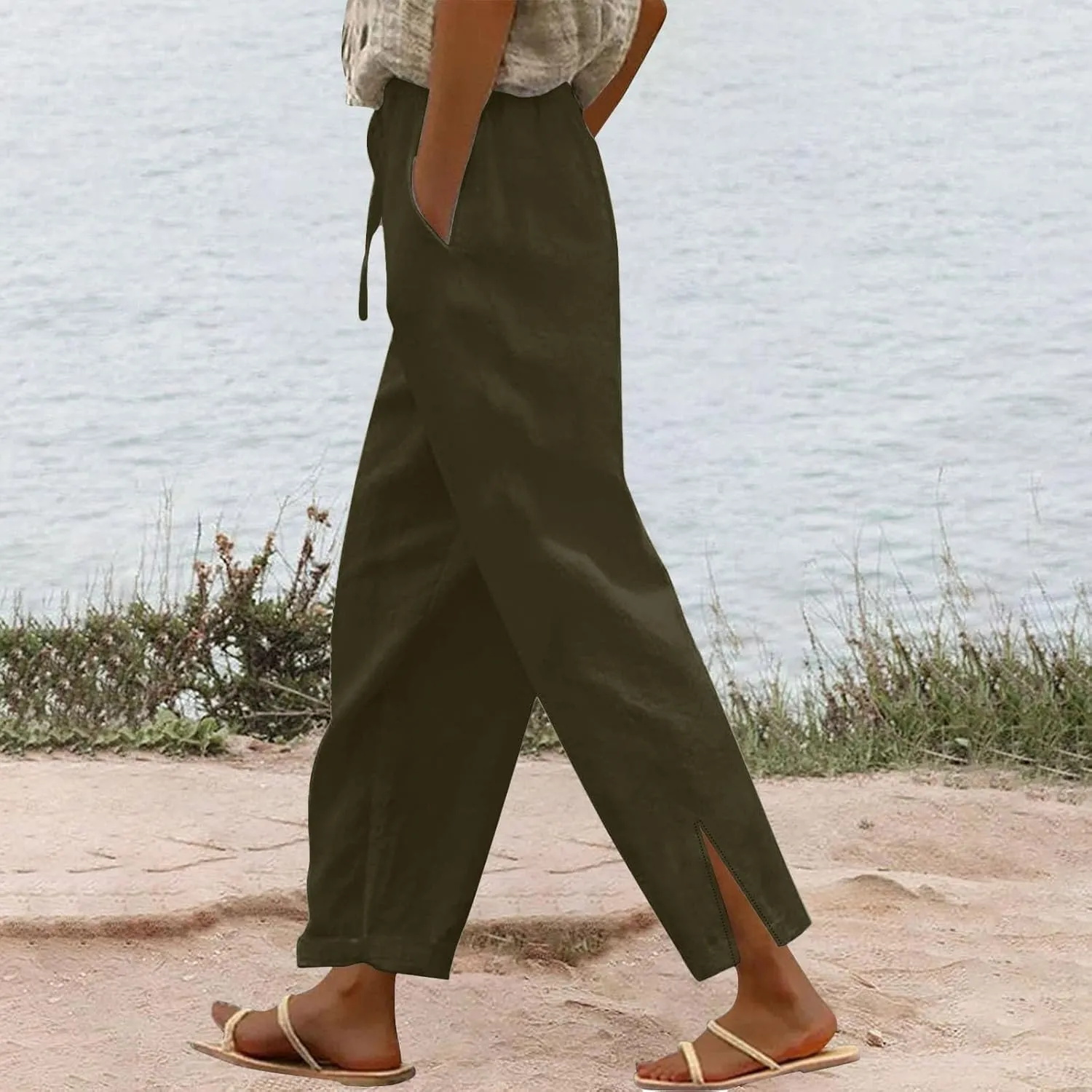 Linen Pants Women High Waist Drawstring Pants Summer Casual Split Pants Trendy Fashion Trousers Beach Vacation Clothes