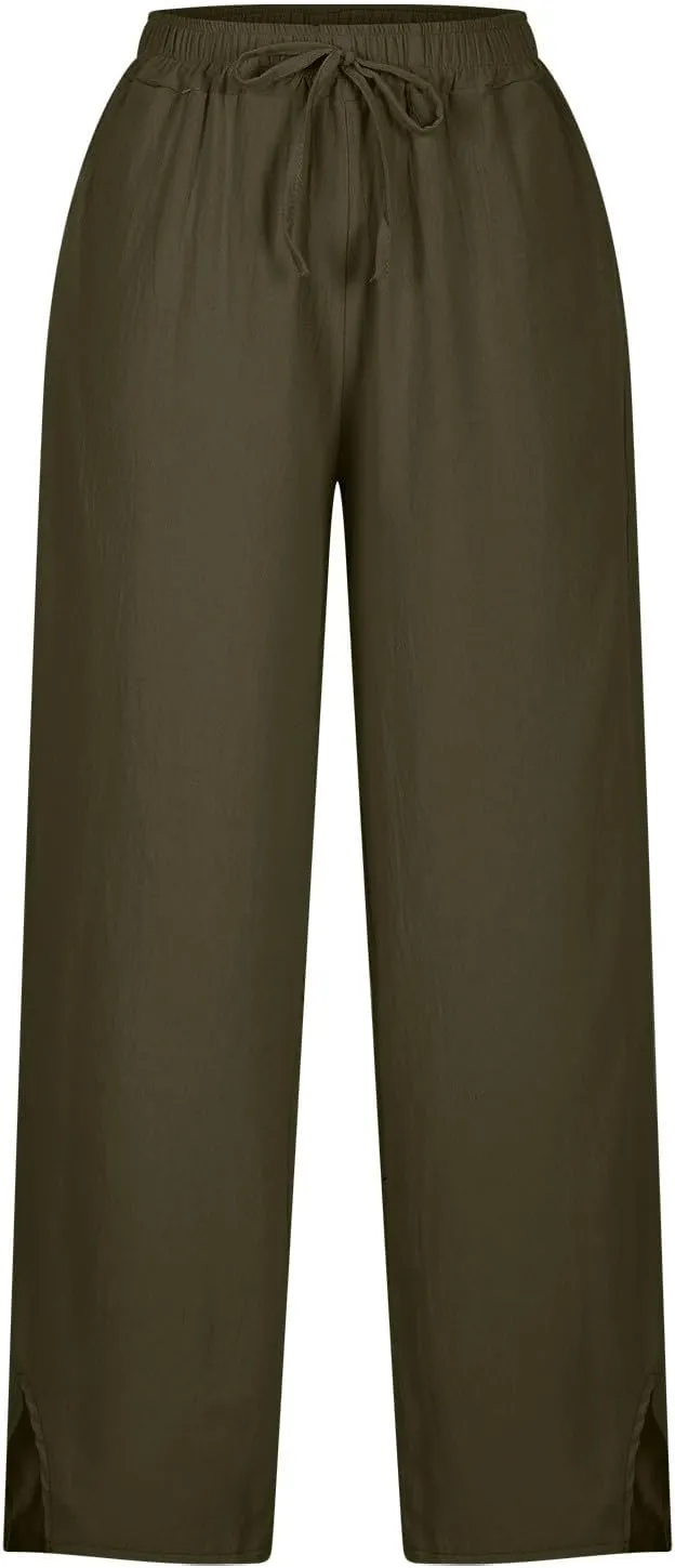 Linen Pants Women High Waist Drawstring Pants Summer Casual Split Pants Trendy Fashion Trousers Beach Vacation Clothes