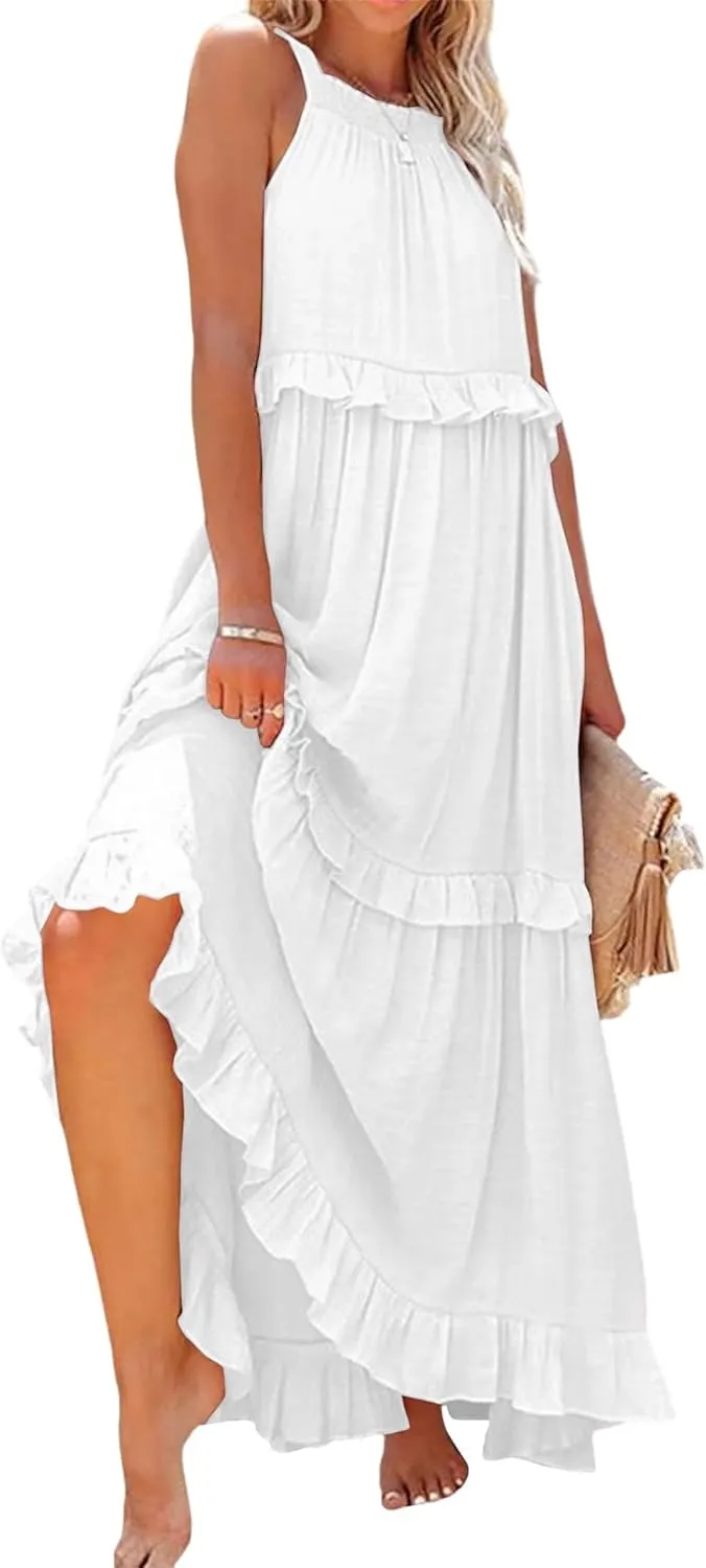 Long Summer Dresses for Women 2024 Sleeveless Halter Maxi Dress Casual Flowy Ruffle Sundress Elegant Beach Party Dress