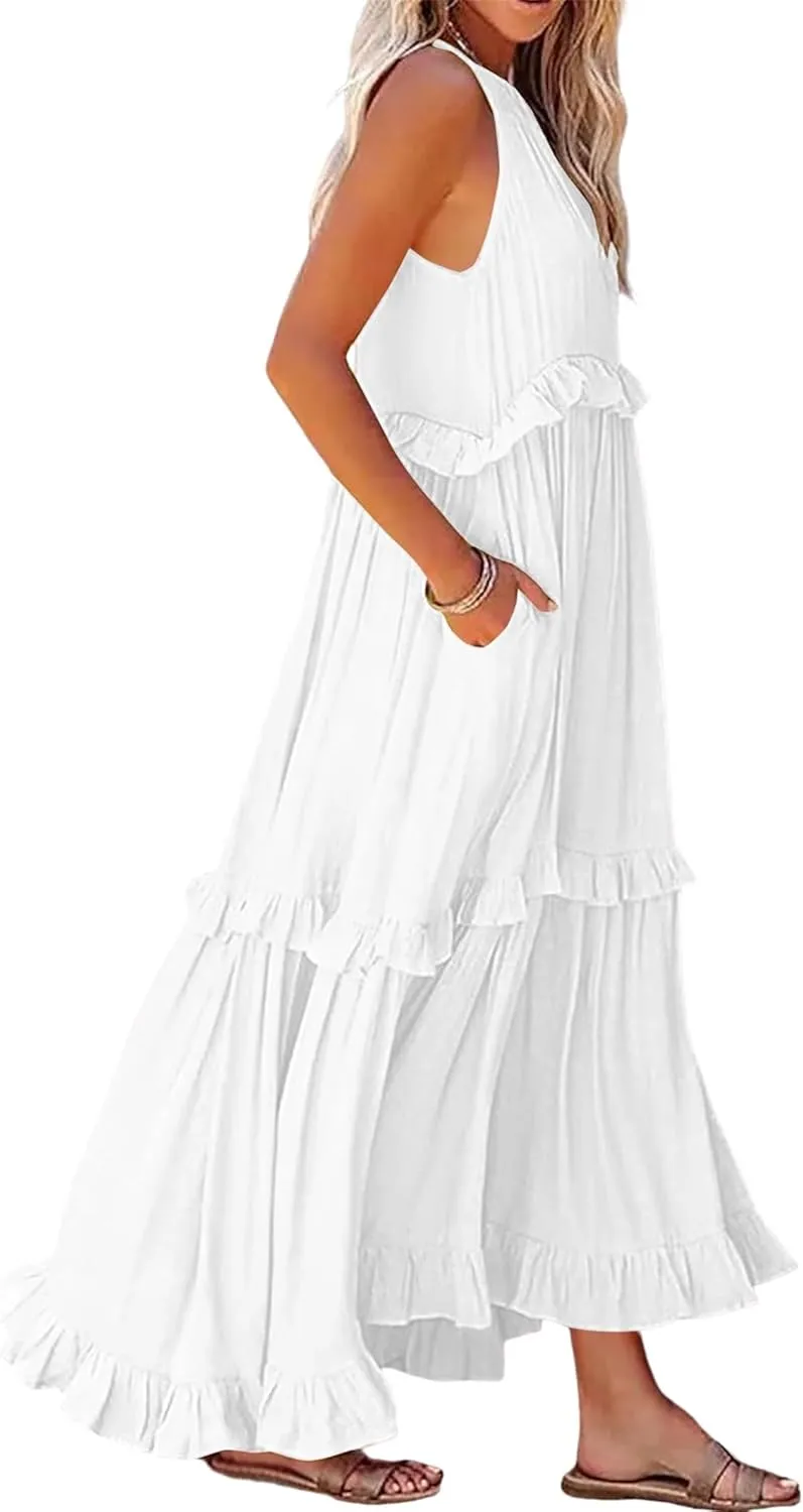 Long Summer Dresses for Women 2024 Sleeveless Halter Maxi Dress Casual Flowy Ruffle Sundress Elegant Beach Party Dress