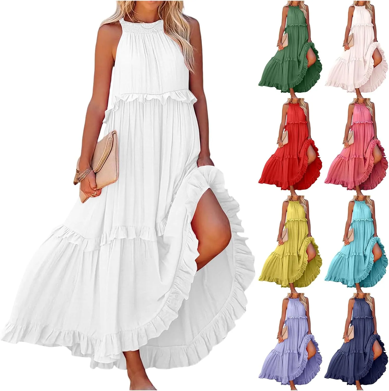 Long Summer Dresses for Women 2024 Sleeveless Halter Maxi Dress Casual Flowy Ruffle Sundress Elegant Beach Party Dress