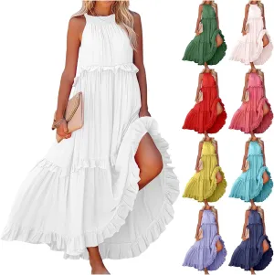 Long Summer Dresses for Women 2024 Sleeveless Halter Maxi Dress Casual Flowy Ruffle Sundress Elegant Beach Party Dress