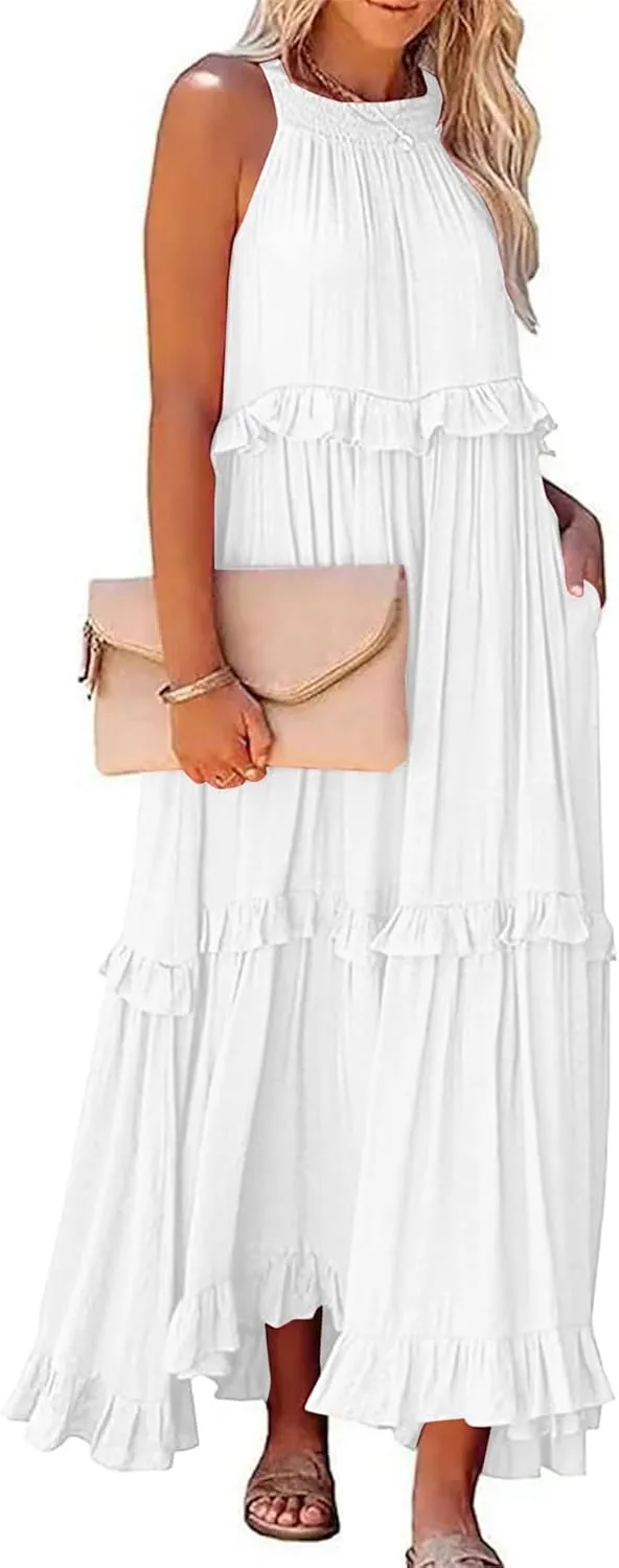 Long Summer Dresses for Women 2024 Sleeveless Halter Maxi Dress Casual Flowy Ruffle Sundress Elegant Beach Party Dress