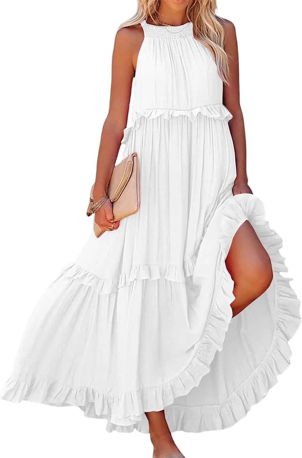 Long Summer Dresses for Women 2024 Sleeveless Halter Maxi Dress Casual Flowy Ruffle Sundress Elegant Beach Party Dress