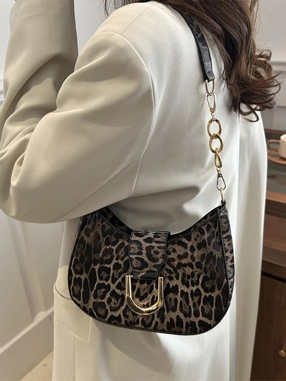 MakeMeChic Women's Leopard Print Shoulder Bag Zipper Y2k Underarm Handbag