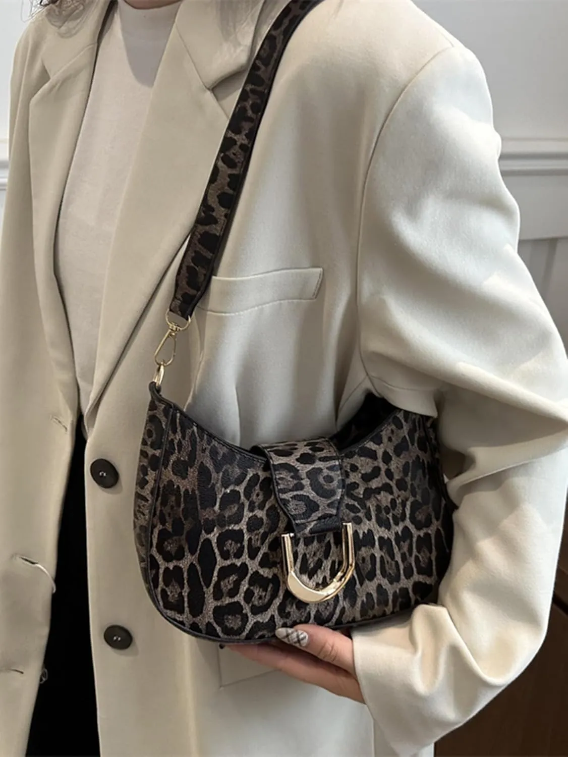 MakeMeChic Women's Leopard Print Shoulder Bag Zipper Y2k Underarm Handbag