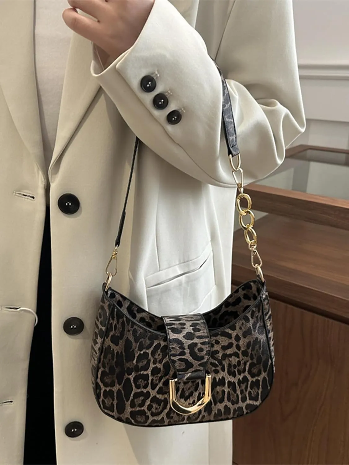 MakeMeChic Women's Leopard Print Shoulder Bag Zipper Y2k Underarm Handbag