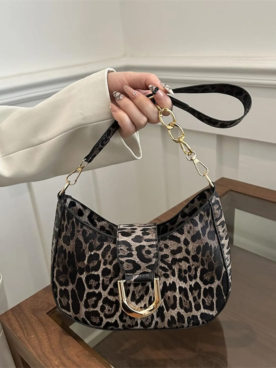 MakeMeChic Women's Leopard Print Shoulder Bag Zipper Y2k Underarm Handbag