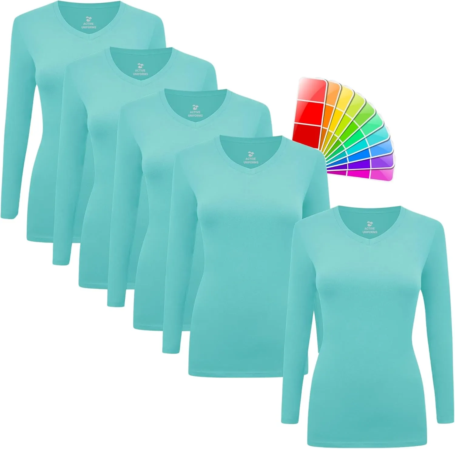 M&M SCRUBS Women's Under Scrub Tee V-Neck Long Sleeve T-Shirt - 5 Pack