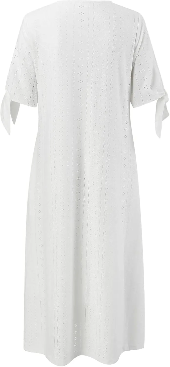 Maxi Long Dresses for Women 2025 Summer Casual V Neck Short Sleeve Eyelet Tshirt Dress Boho Aline Sundresses for Vacation