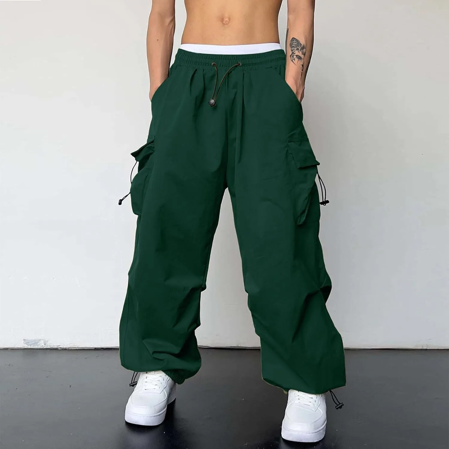 Mens Cargo Pants Casual Lightweight Elastic Waist Drawstring Pant Streetwear with Multiple Pockets