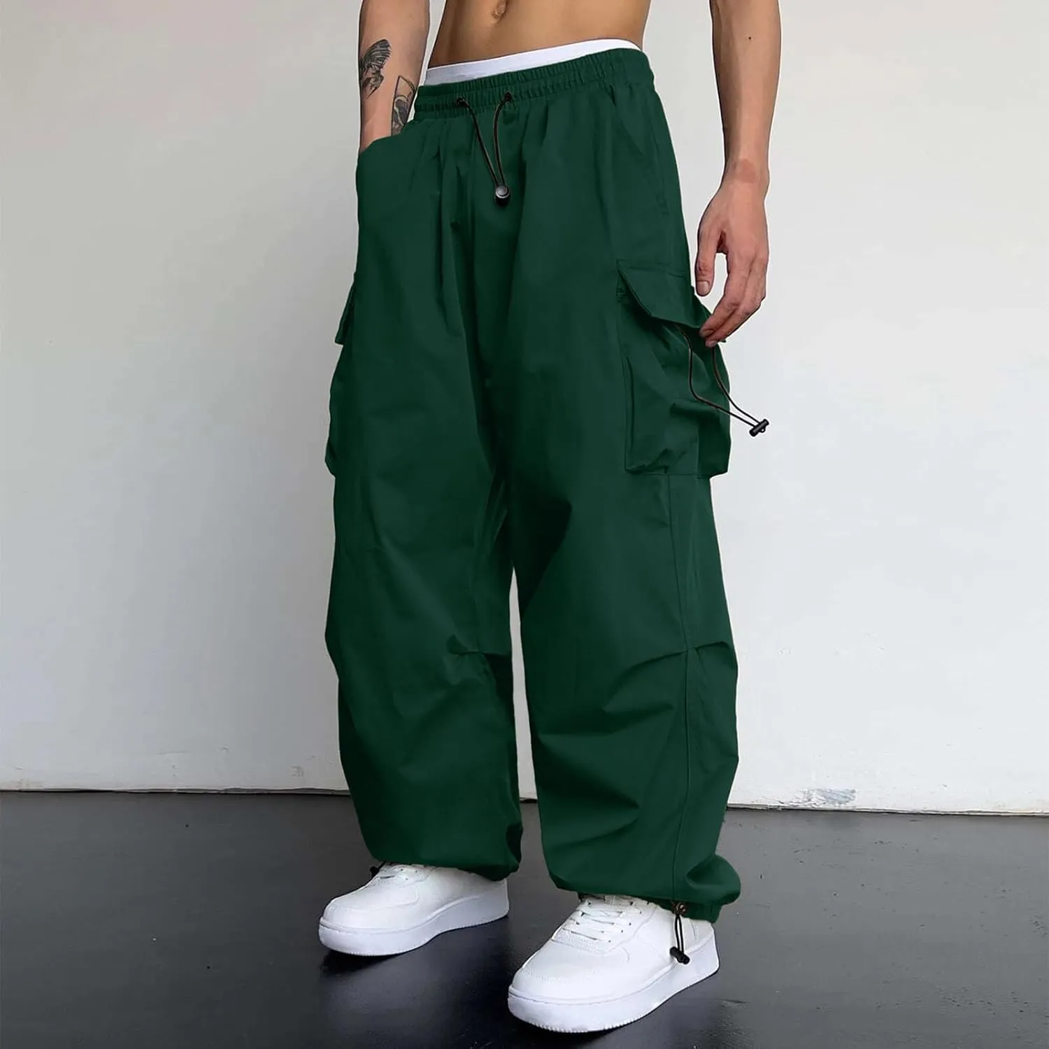 Mens Cargo Pants Casual Lightweight Elastic Waist Drawstring Pant Streetwear with Multiple Pockets