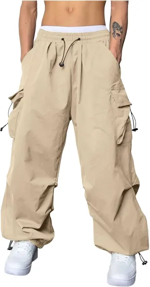 Mens Cargo Pants Casual Lightweight Elastic Waist Drawstring Pant Streetwear with Multiple Pockets
