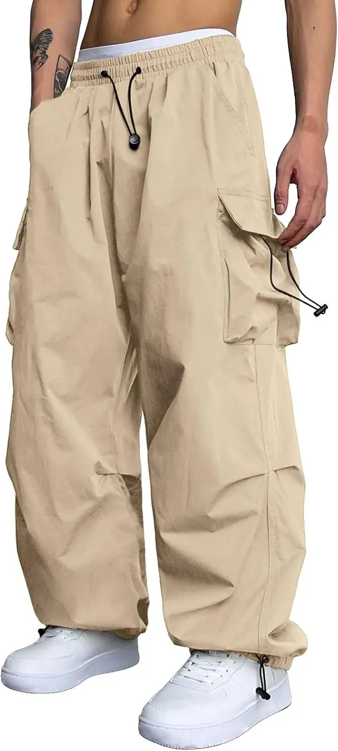 Mens Cargo Pants Casual Lightweight Elastic Waist Drawstring Pant Streetwear with Multiple Pockets