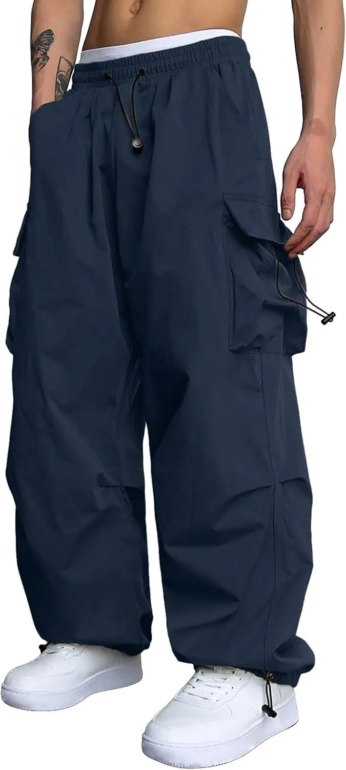 Mens Cargo Pants Casual Lightweight Elastic Waist Drawstring Pant Streetwear with Multiple Pockets