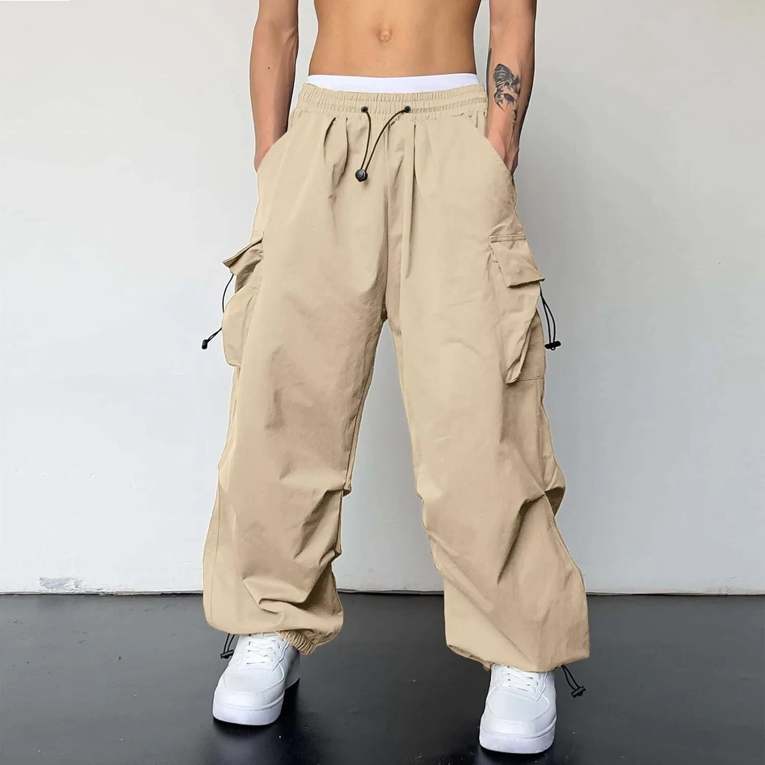 Mens Cargo Pants Casual Lightweight Elastic Waist Drawstring Pant Streetwear with Multiple Pockets