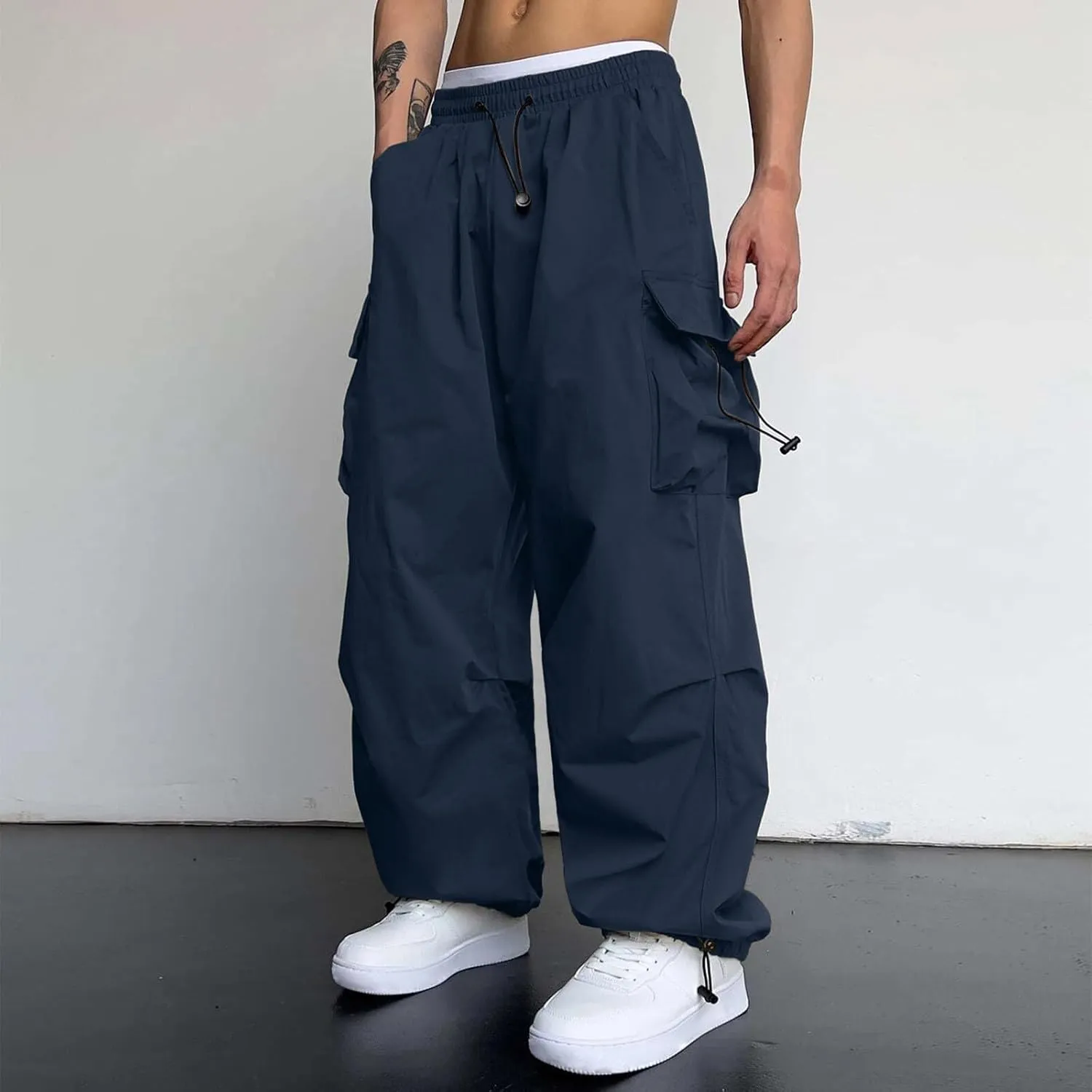 Mens Cargo Pants Casual Lightweight Elastic Waist Drawstring Pant Streetwear with Multiple Pockets