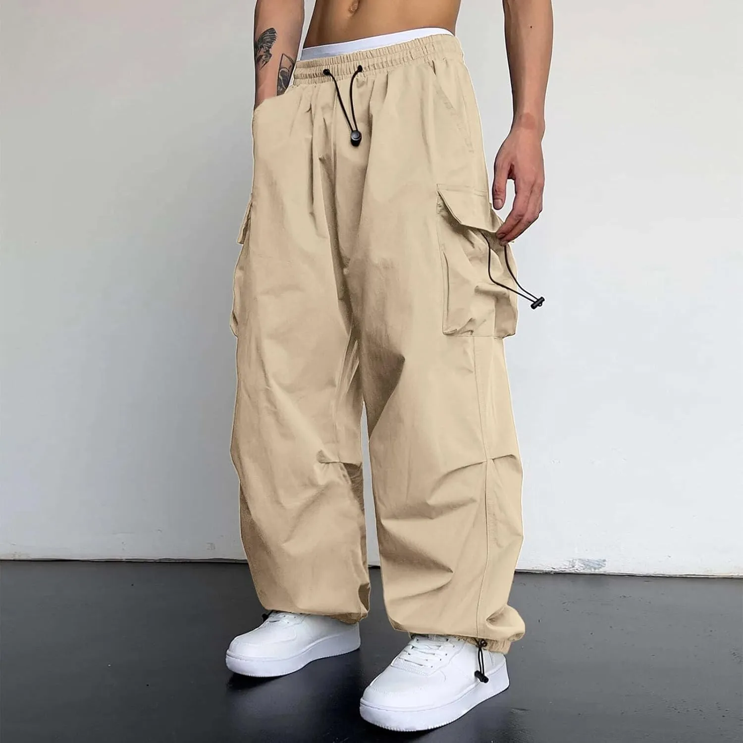 Mens Cargo Pants Casual Lightweight Elastic Waist Drawstring Pant Streetwear with Multiple Pockets