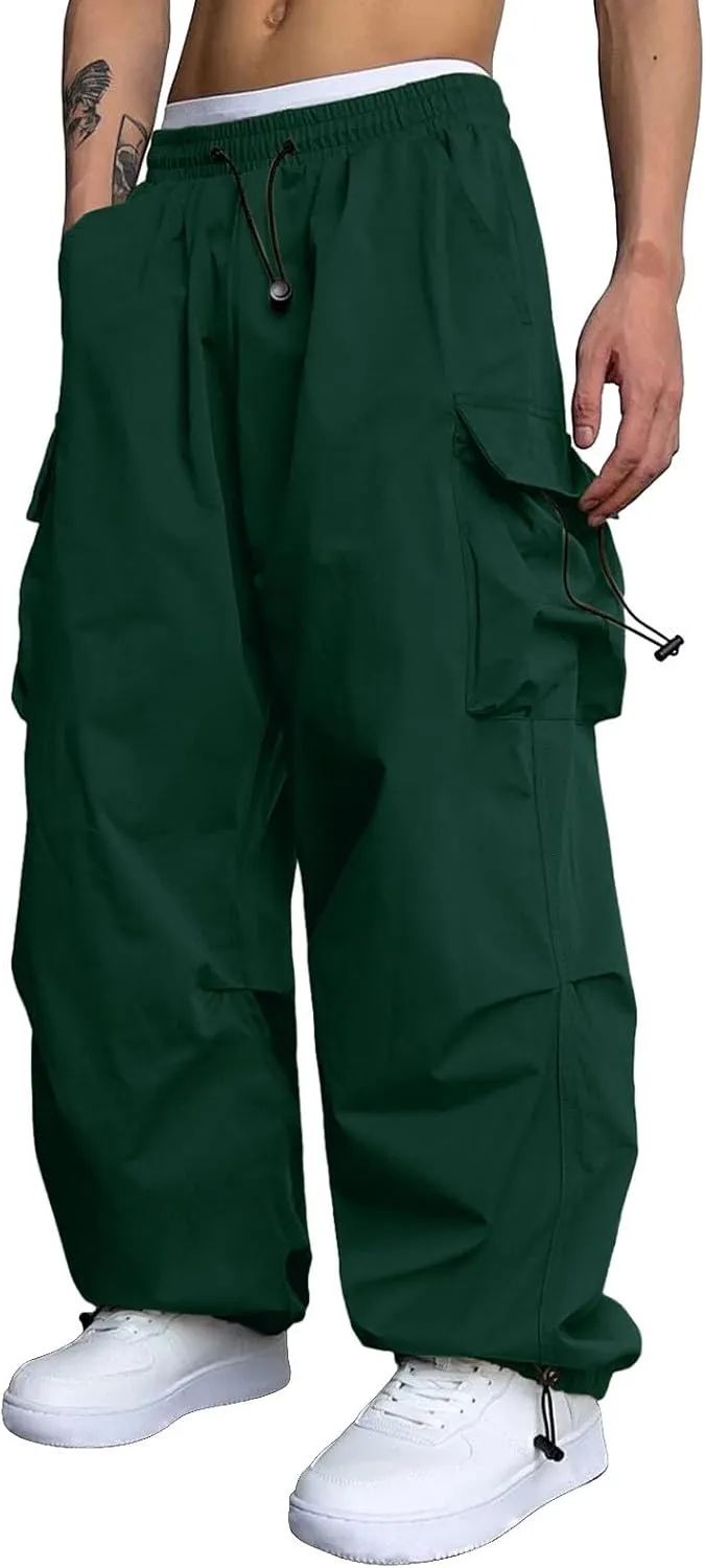 Mens Cargo Pants Casual Lightweight Elastic Waist Drawstring Pant Streetwear with Multiple Pockets