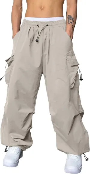 Mens Cargo Pants Casual Lightweight Elastic Waist Drawstring Pant Streetwear with Multiple Pockets