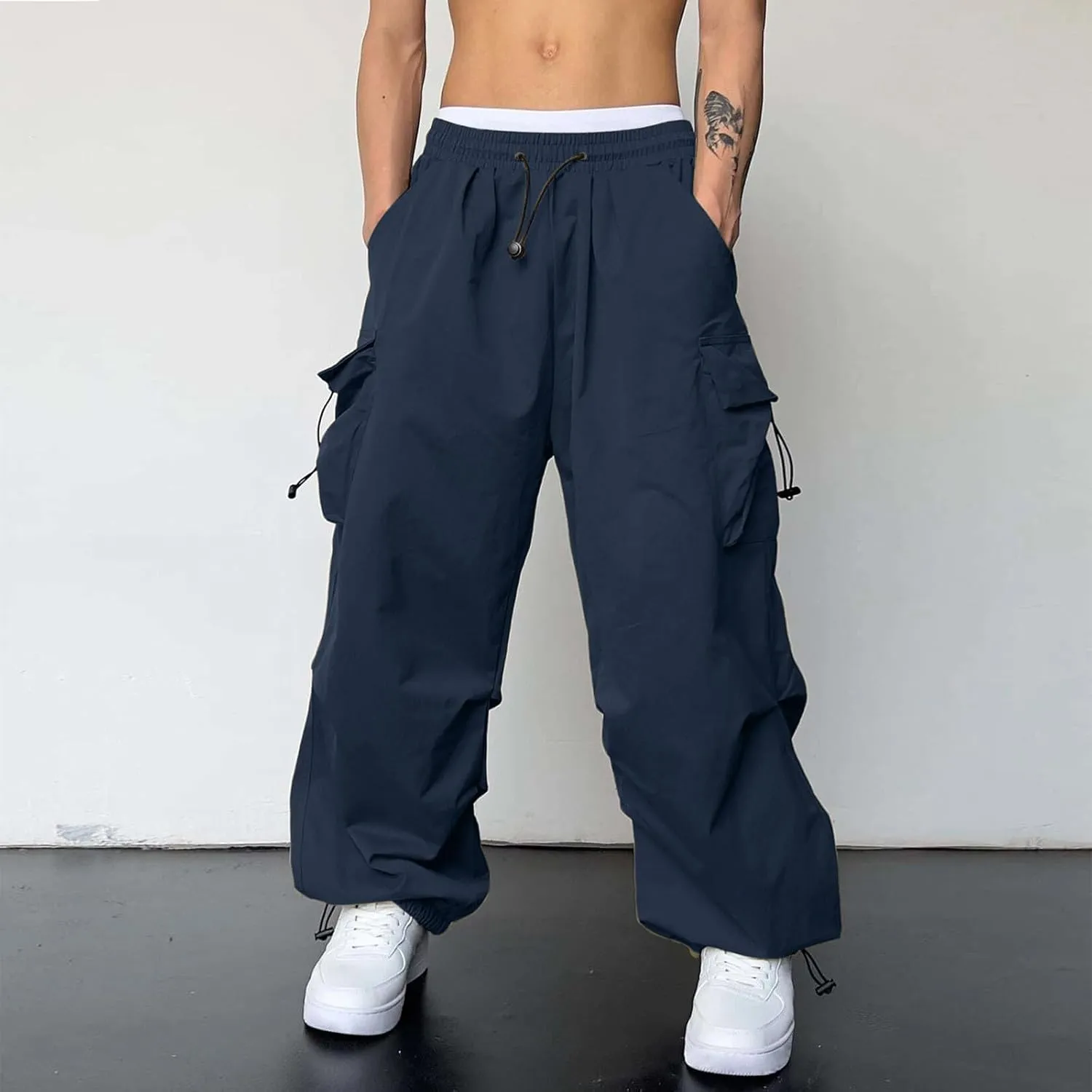 Mens Cargo Pants Casual Lightweight Elastic Waist Drawstring Pant Streetwear with Multiple Pockets