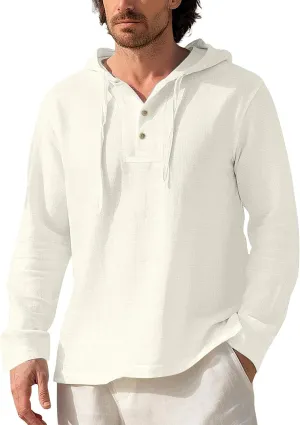 Mens Cotton Linen Hoodies Sun Protection Lightweight Beach Shirt Long Sleeve V Neck Button Down Hooded Shirt
