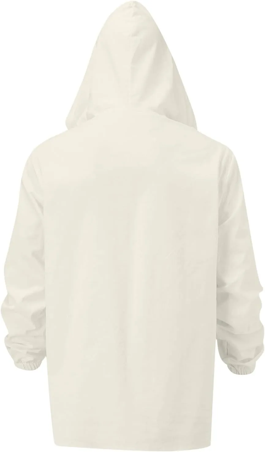 Mens Cotton Linen Hoodies Sun Protection Lightweight Beach Shirt Long Sleeve V Neck Button Down Hooded Shirt