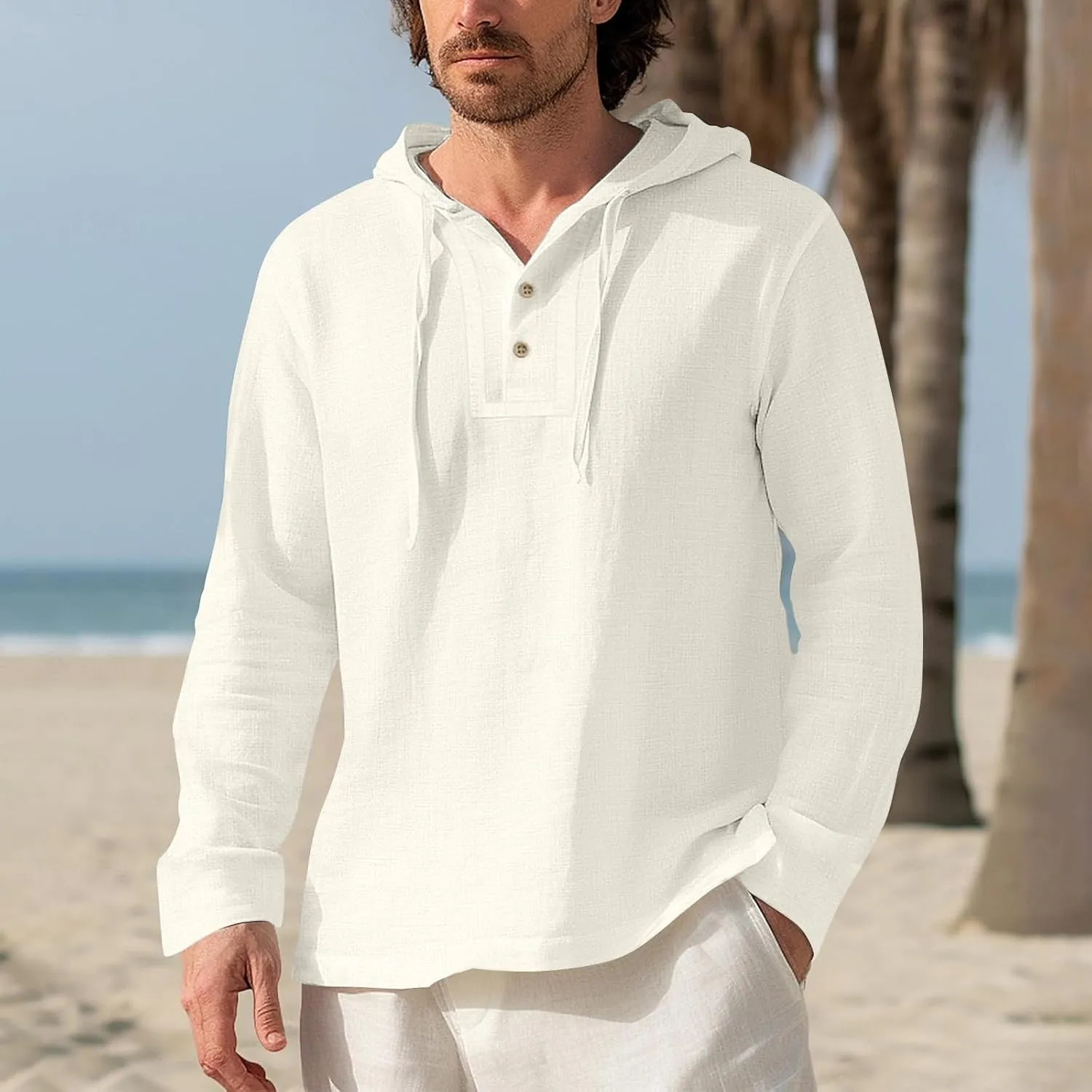 Mens Cotton Linen Hoodies Sun Protection Lightweight Beach Shirt Long Sleeve V Neck Button Down Hooded Shirt