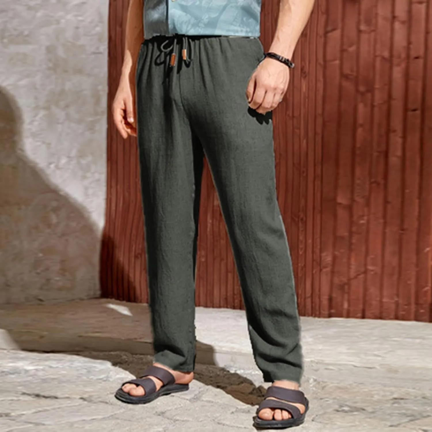 Mens Linen Pants Big Tall Casual Classic Summer Beach Pants Lightweight Breathable Flat Front Trouser with Pockets