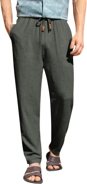 Mens Linen Pants Big Tall Casual Classic Summer Beach Pants Lightweight Breathable Flat Front Trouser with Pockets