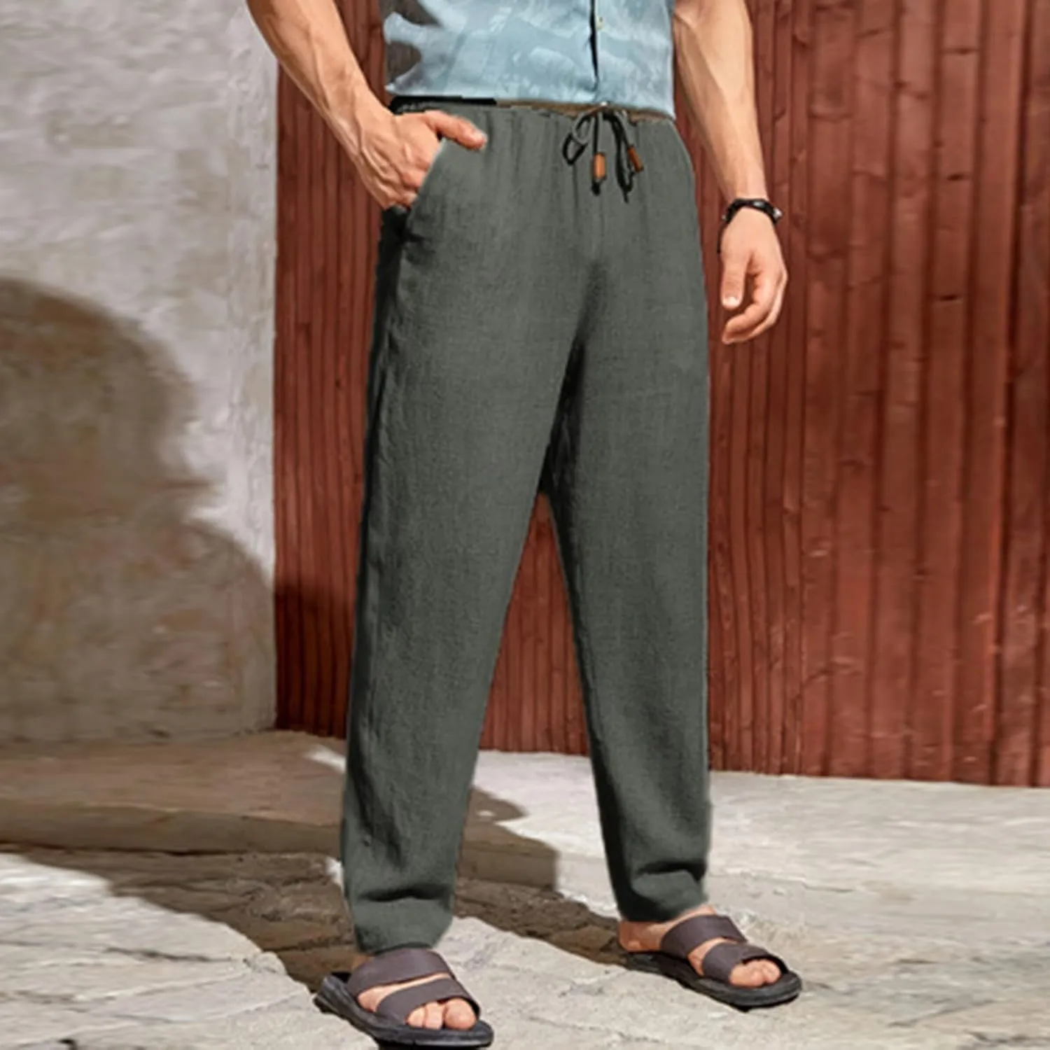 Mens Linen Pants Big Tall Casual Classic Summer Beach Pants Lightweight Breathable Flat Front Trouser with Pockets