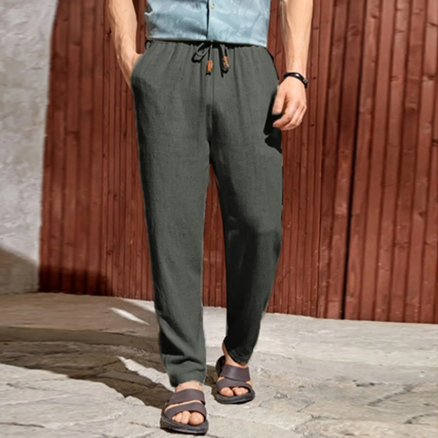 Mens Linen Pants Big Tall Casual Classic Summer Beach Pants Lightweight Breathable Flat Front Trouser with Pockets