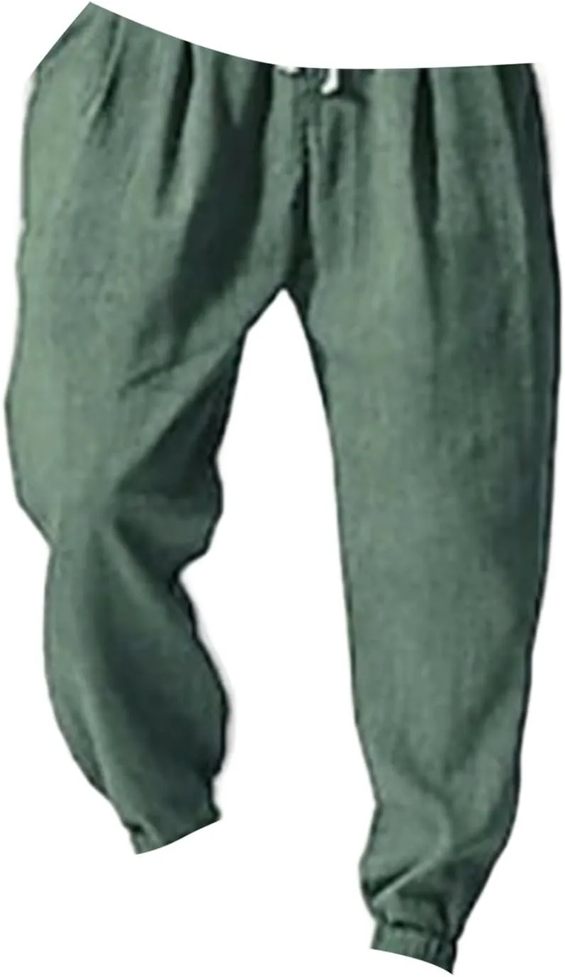 Mens Linen Tapered Pants Plus Size Lightweight Drawstring Waist Vacation Harem Trousers Summer Trendy Loose Slacks