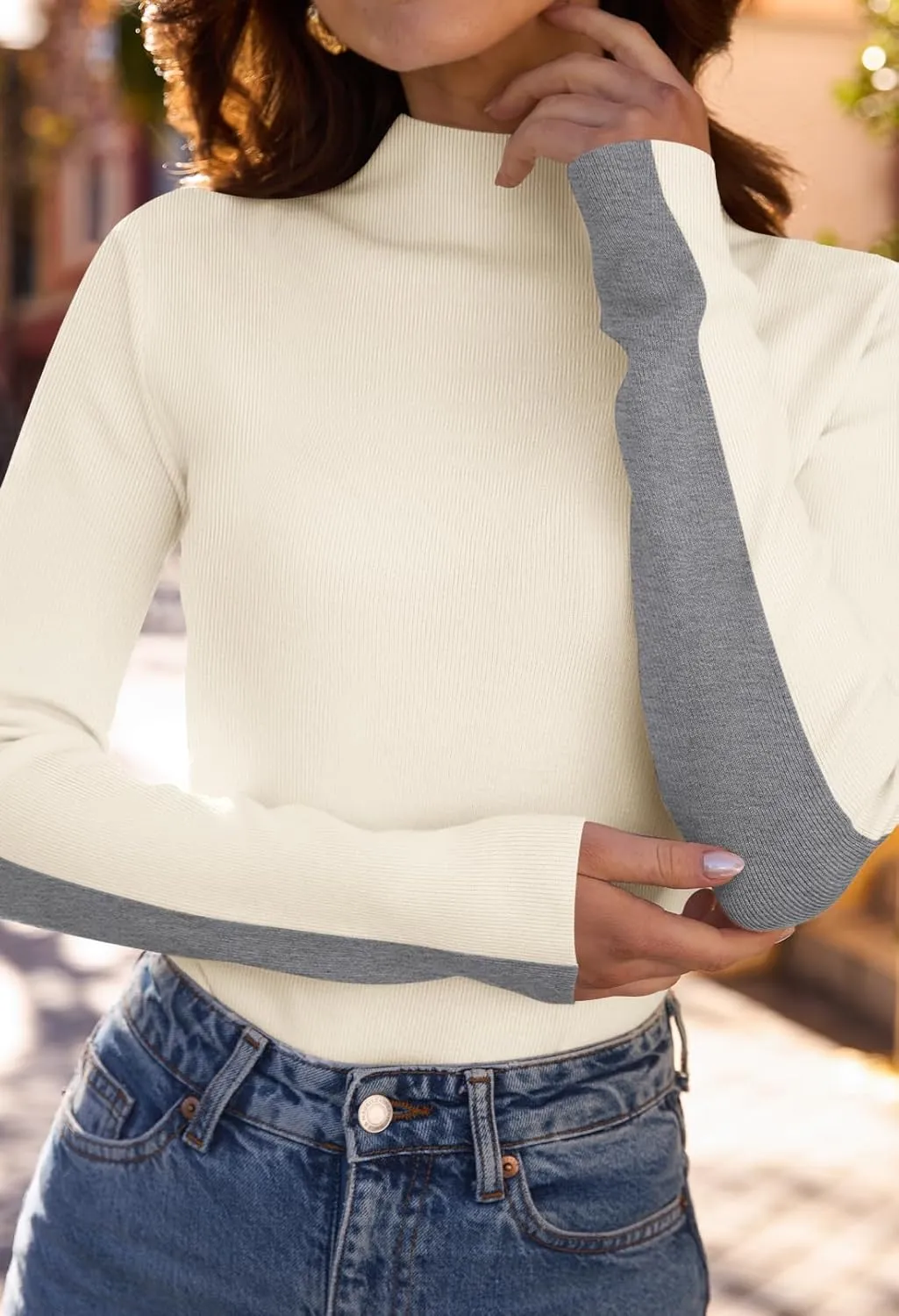 MEROKEETY Women's 2025 Fall Mock Neck Lightweight Pullover Sweater Fitted Ribbed Long Sleeve Color Block Knit Tee Shirt Tops