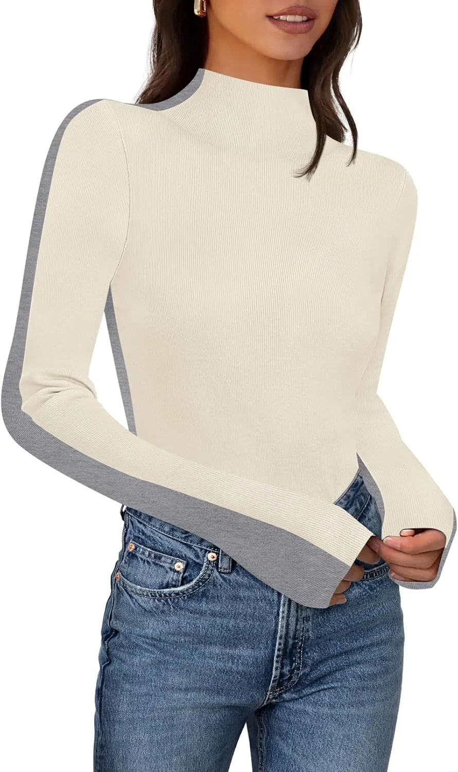 MEROKEETY Women's 2025 Fall Mock Neck Lightweight Pullover Sweater Fitted Ribbed Long Sleeve Color Block Knit Tee Shirt Tops