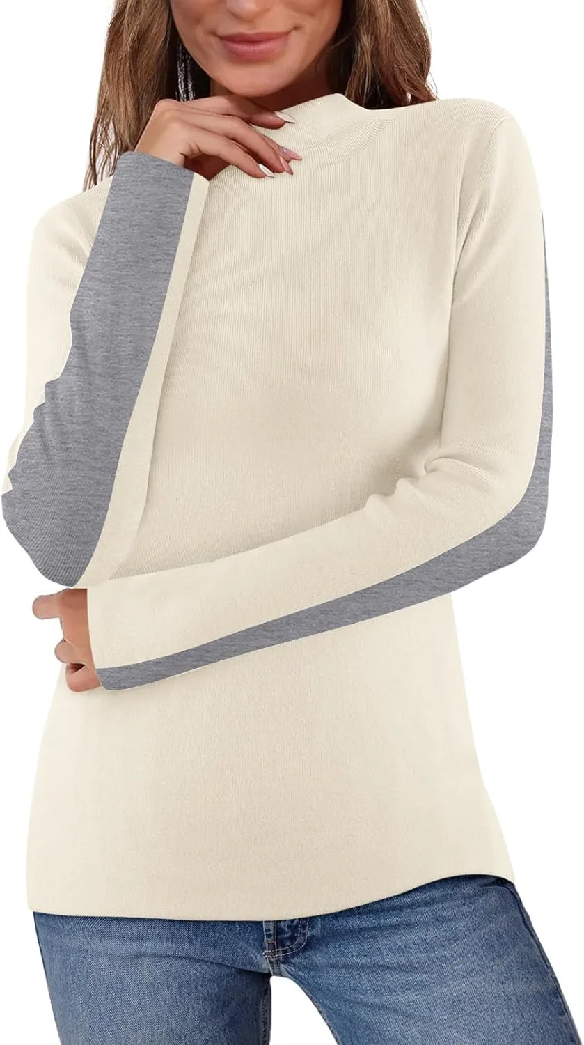 MEROKEETY Women's 2025 Fall Mock Neck Lightweight Pullover Sweater Fitted Ribbed Long Sleeve Color Block Knit Tee Shirt Tops