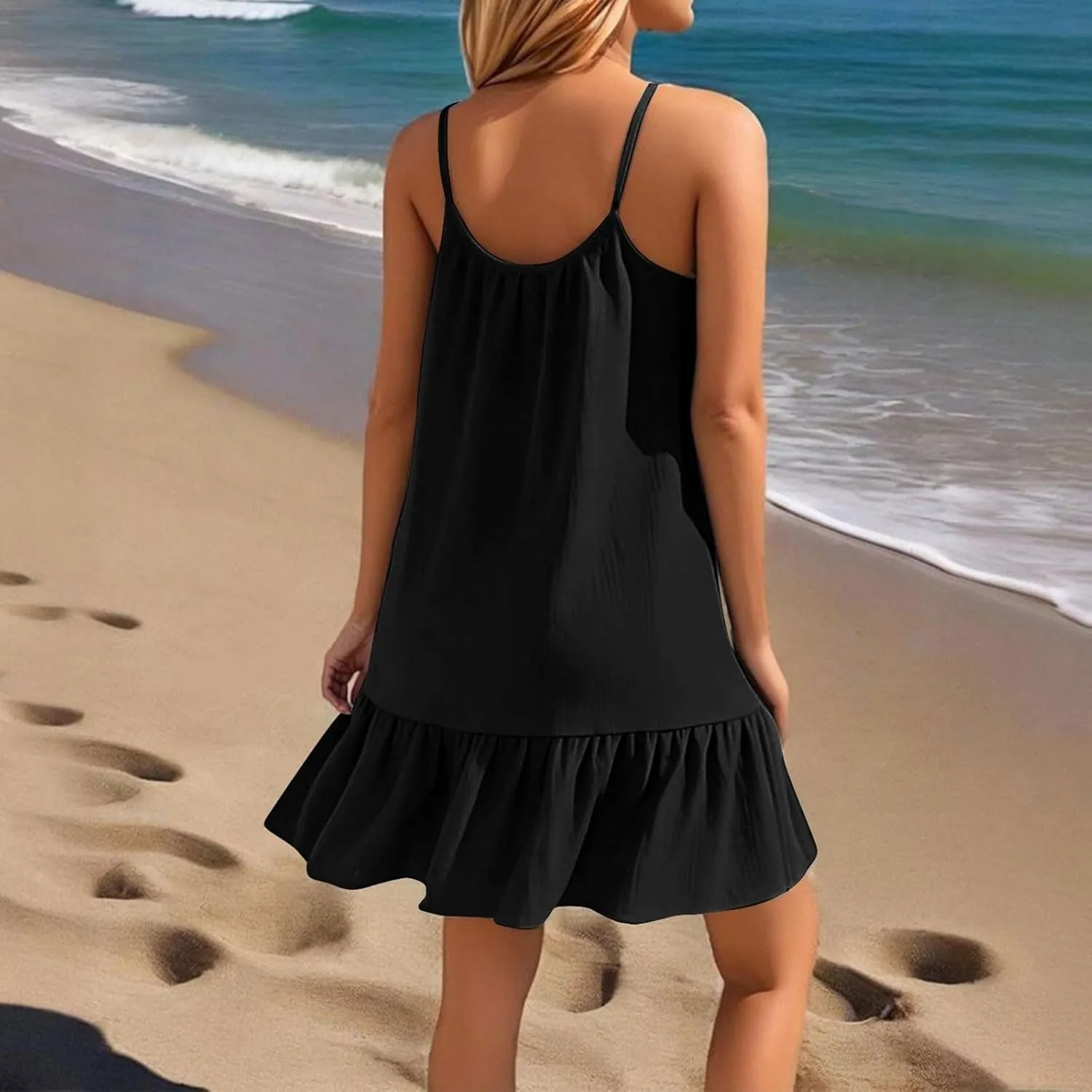 Mini Dresses for Women Summer Sleeveless Spaghetti Straps Tank Dress Loose Boho Beach Tiered Flowy Dress Sundress
