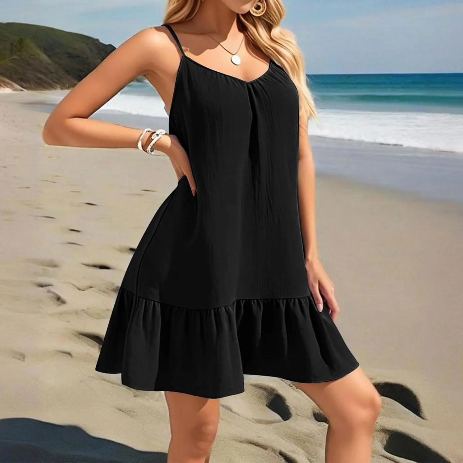 Mini Dresses for Women Summer Sleeveless Spaghetti Straps Tank Dress Loose Boho Beach Tiered Flowy Dress Sundress