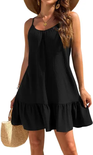 Mini Dresses for Women Summer Sleeveless Spaghetti Straps Tank Dress Loose Boho Beach Tiered Flowy Dress Sundress