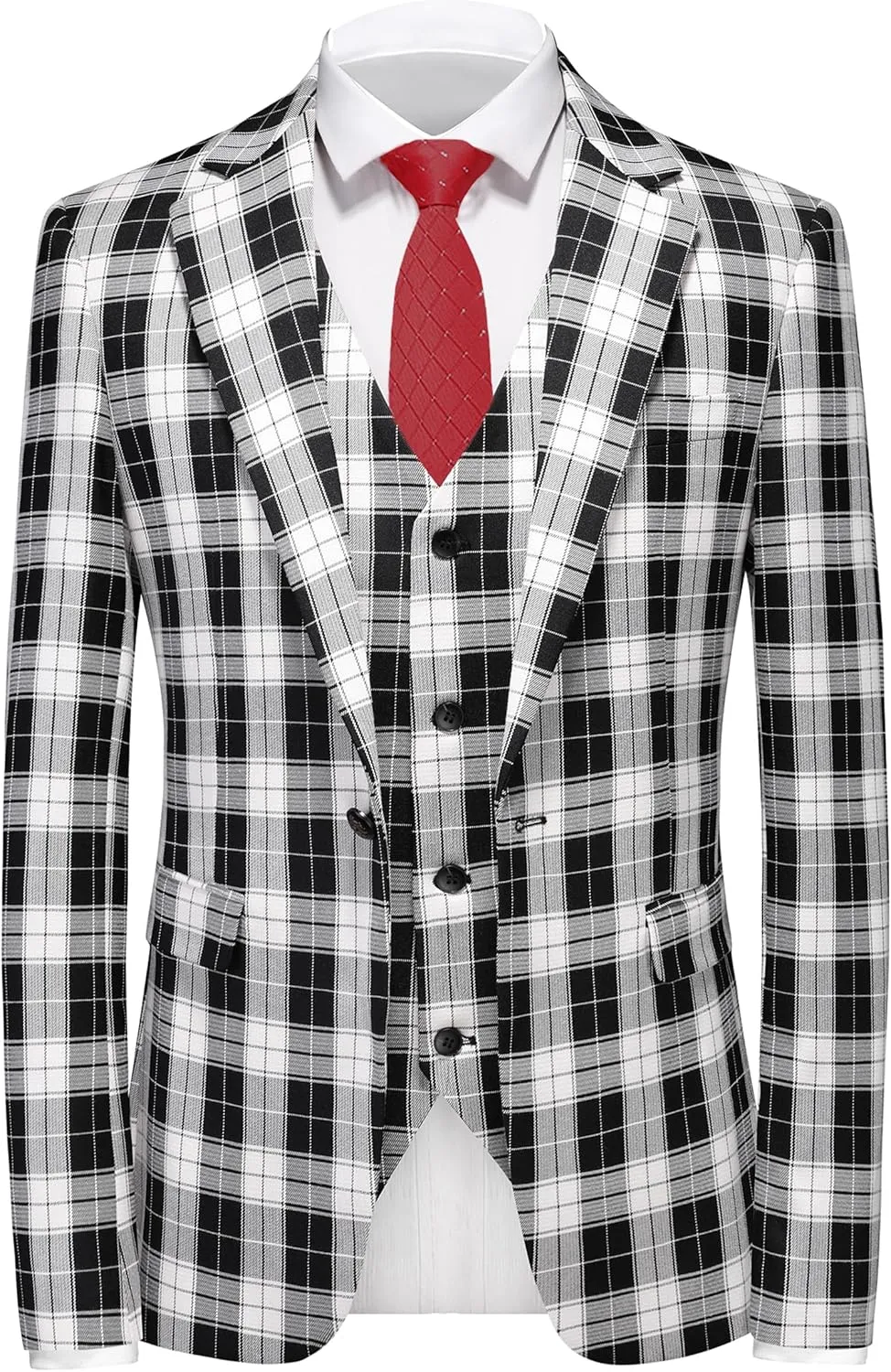 MOGU Men's 3-Piece Plaid Suit Slim Fit Checkered Tuxedo Set with Jacket, Vest, Pants Modern Casual Dress for Wedding Prom
