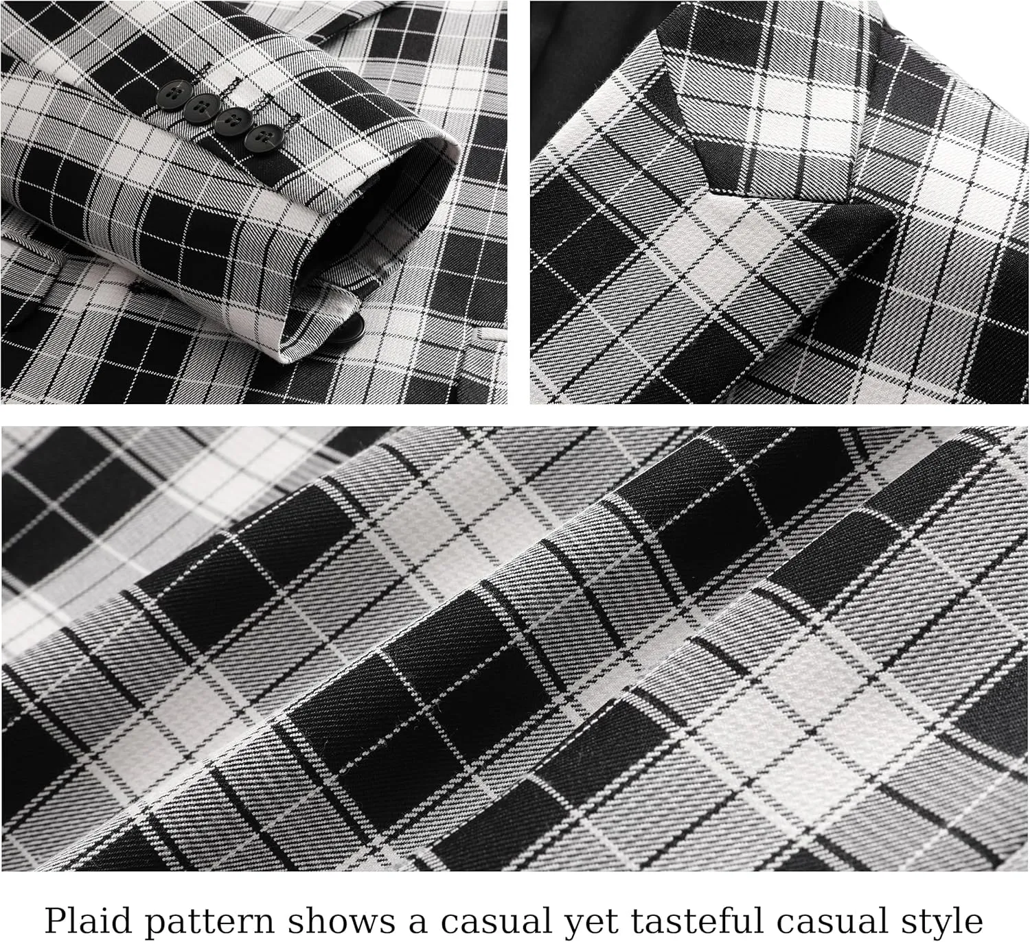 MOGU Men's 3-Piece Plaid Suit Slim Fit Checkered Tuxedo Set with Jacket, Vest, Pants Modern Casual Dress for Wedding Prom