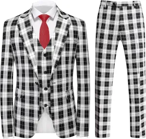 MOGU Men's 3-Piece Plaid Suit Slim Fit Checkered Tuxedo Set with Jacket, Vest, Pants Modern Casual Dress for Wedding Prom