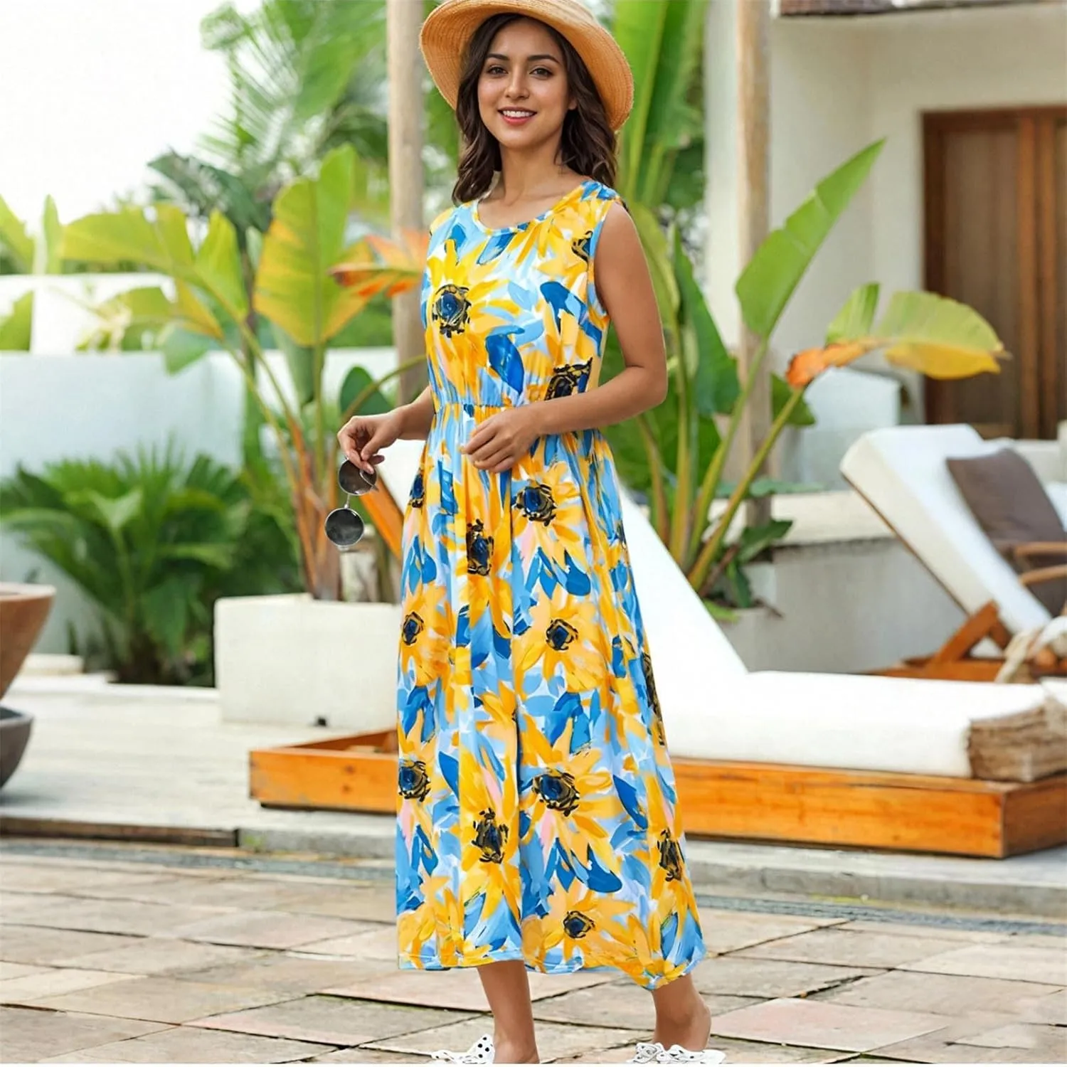 Mommy and Me Family Matching Dresses Summer Floral Print Dress Ruffle A-Line Flowy Beach Sundresses Sleeveless Dress