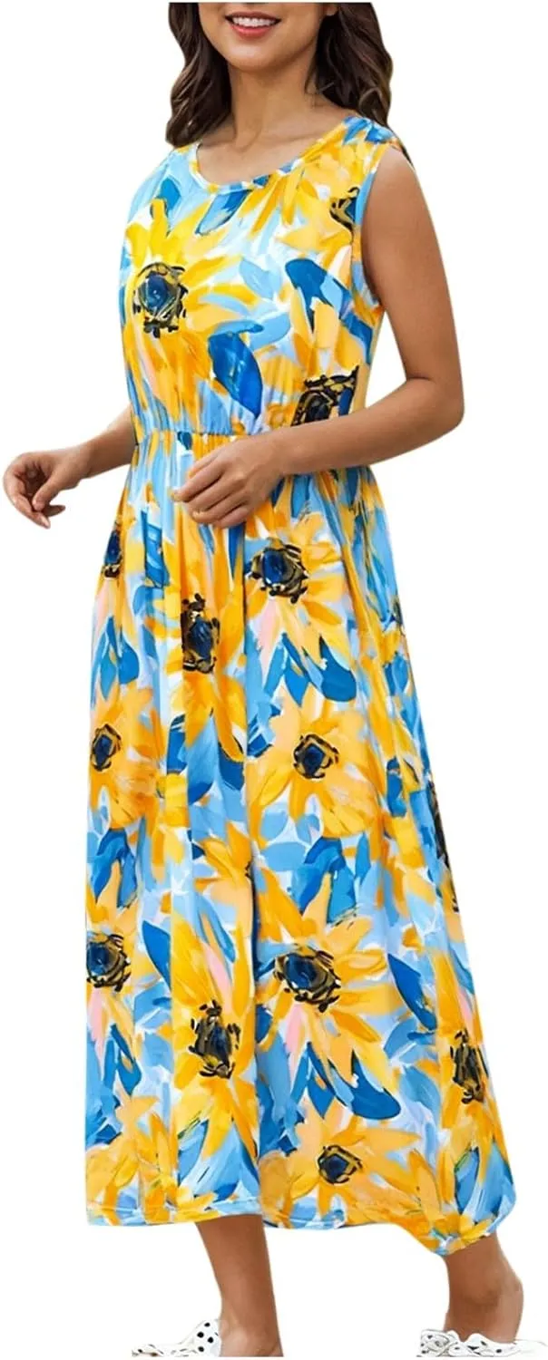 Mommy and Me Family Matching Dresses Summer Floral Print Dress Ruffle A-Line Flowy Beach Sundresses Sleeveless Dress