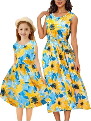Mommy and Me Family Matching Dresses Summer Floral Print Dress Ruffle A-Line Flowy Beach Sundresses Sleeveless Dress