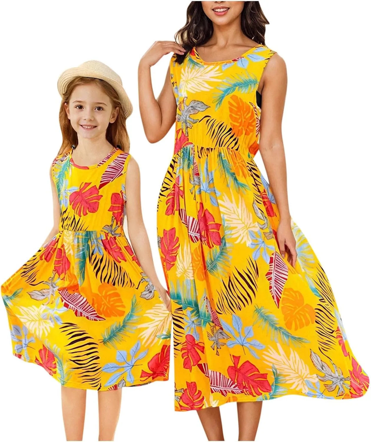 Mommy and Me Family Matching Dresses Summer Floral Print Dress Ruffle A-Line Flowy Beach Sundresses Sleeveless Dress