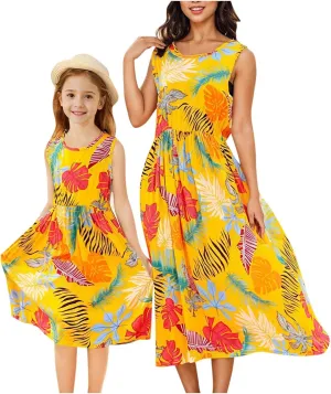 Mommy and Me Family Matching Dresses Summer Floral Print Dress Ruffle A-Line Flowy Beach Sundresses Sleeveless Dress