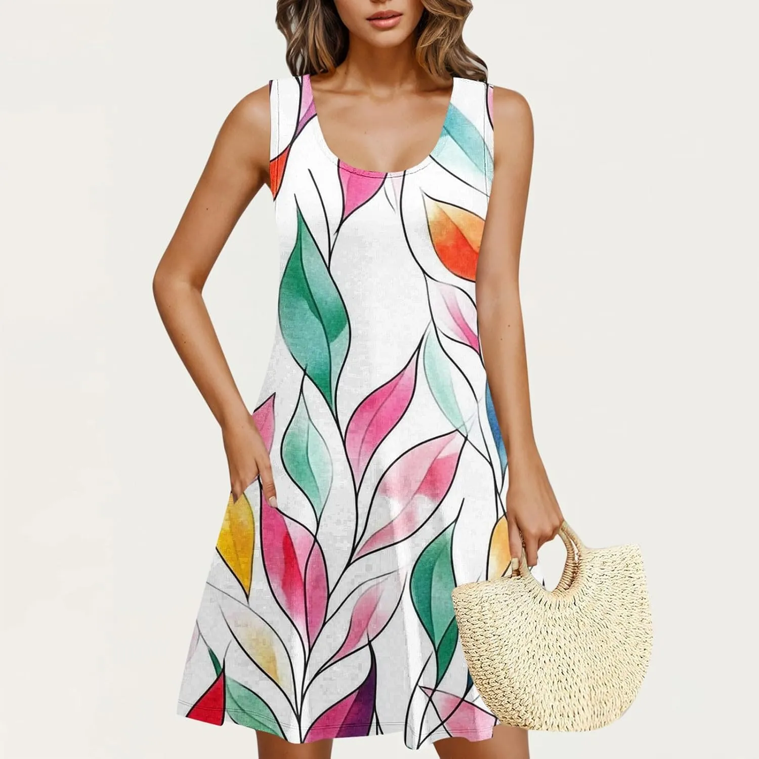 NaRHbrg Women's Floral Print Sleeveless Summer Casual Mini Dress Lightweight Loose Fit Beach Sundress Vacation Outfit