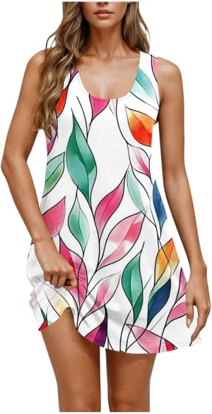 NaRHbrg Women's Floral Print Sleeveless Summer Casual Mini Dress Lightweight Loose Fit Beach Sundress Vacation Outfit